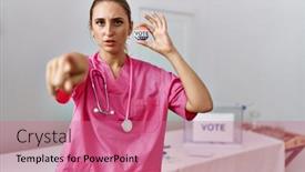  Presentation with political campaign - Slide set consisting of young-nurse-woman-at-political background and a coral colored foreground