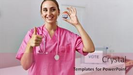  Presentation with campaign - PPT theme featuring young-nurse-woman-at-political background and a coral colored foreground