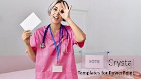  Presentation with political campaign - Slide deck enhanced with young-nurse-woman-at-political background and a coral colored foreground