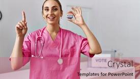  Presentation with political campaign - Presentation theme consisting of young-nurse-woman-at-political background and a coral colored foreground
