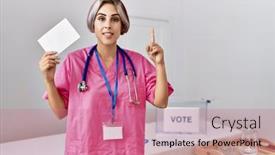  Presentation with political campaign - Theme enhanced with young-nurse-woman-at-political background and a  colored foreground