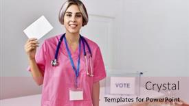  Presentation with political woman - Presentation design having young-nurse-woman-at-political background and a coral colored foreground