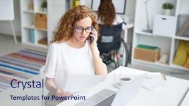  Presentation with consulting - Beautiful slide set featuring young office manager consulting someone backdrop and a sky blue colored foreground