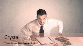  Presentation with front desk - Slide deck consisting of young office worker sitting at desk working with keyboard papers highliter in front of empty clear background wall concept background and a coral colored foreground