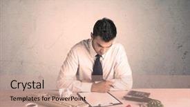  Presentation with front desk - Audience pleasing PPT layouts consisting of young office worker sitting at desk working with keyboard papers highliter in front of empty clear background wall concept backdrop and a coral colored foreground