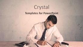  Presentation with front desk - Slide set featuring young office worker sitting at desk working with keyboard papers highliter in front of empty clear background wall concept background and a lemonade colored foreground