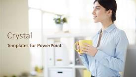  Presentation with minute - Beautiful presentation design featuring young office worker with mug spending coffee-break in office or having minute of rest backdrop and a lemonade colored foreground