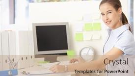  Presentation with woman office desk - Theme having young office worker woman sitting at desk taking notes smiling at camera background and a coral colored foreground