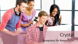  Presentation with office workers - PPT layouts having young office workers or students as a team background and a coral colored foreground