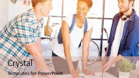  Presentation with office workers - Presentation design consisting of young office workers or students as a team background and a coral colored foreground