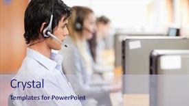  Presentation with call center - PPT layouts consisting of young operators using a computer background and a sky blue colored foreground