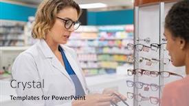  Presentation with eye care - Colorful presentation enhanced with young-ophthalmologist-helping-woman backdrop and a light gray colored foreground