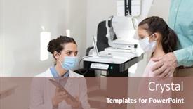  Presentation with ophthalmologist - Presentation design enhanced with young-ophthalmologist-in-protective-mask background and a violet colored foreground