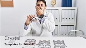  Presentation with hands holding - PPT theme featuring young-optician-man-holding-optometry background and a light gray colored foreground