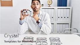  Presentation with optometry - Slide deck enhanced with young-optician-man-holding-optometry background and a  colored foreground