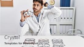  Presentation with optometry - Slides featuring young-optician-man-holding-optometry background and a light gray colored foreground