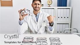  Presentation with optometry - Presentation design enhanced with young-optician-man-holding-optometry background and a light gray colored foreground