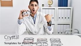  Presentation with optometry - Presentation enhanced with young-optician-man-holding-optometry background and a light gray colored foreground