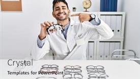  Presentation with optometry - Presentation design having young-optician-man-holding-optometry background and a  colored foreground