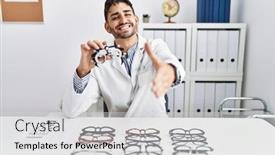  Presentation with optometry - Slide set enhanced with young-optician-man-holding-optometry background and a light gray colored foreground