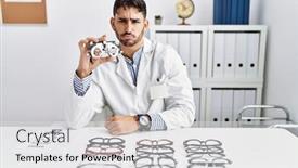  Presentation with optometry - PPT theme enhanced with young-optician-man-holding-optometry background and a light gray colored foreground