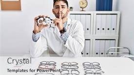  Presentation with optometry - Presentation theme featuring young-optician-man-holding-optometry background and a light gray colored foreground