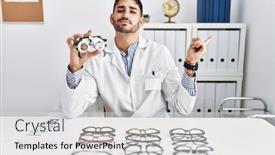  Presentation with optometry - PPT layouts featuring young-optician-man-holding-optometry background and a light gray colored foreground