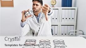  Presentation with optometry - PPT theme having young-optician-man-holding-optometry background and a light gray colored foreground