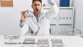  Presentation with optometry - Slide set consisting of young-optician-man-holding-optometry background and a light gray colored foreground