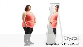  Presentation with measuring - Theme with young-overweight-woman-measuring background and a white colored foreground