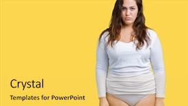  Presentation with woman crying - Slide set consisting of young overwight woman wearing white background and a yellow colored foreground