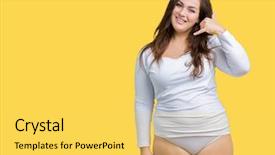  Presentation with telephone - PPT layouts consisting of young overwight woman wearing white background and a yellow colored foreground