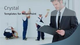  Presentation with checks - PPT theme with young owner checks the documents in the background of workforce background and a lemonade colored foreground