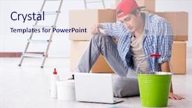  Presentation with eco friendly home renovation - Presentation with young painter contractor choosing colors background and a sky blue colored foreground