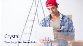  Presentation with eco friendly home renovation - Presentation theme featuring young painter contractor choosing colors background and a  colored foreground