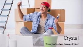  Presentation with eco friendly home renovation - Beautiful slides featuring young painter contractor choosing colors backdrop and a  colored foreground