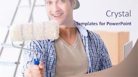  Presentation with eco friendly home renovation - Presentation consisting of young painter contractor choosing colors for home renovation background and a sky blue colored foreground