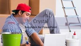  Presentation with home renovation - Slide set consisting of young painter contractor choosing colors for home renovation background and a light blue colored foreground