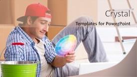  Presentation with home renovation - Slide deck enhanced with young painter contractor choosing colors for home renovation background and a coral colored foreground