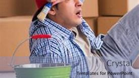  Presentation with eco friendly home renovation - Presentation theme with young painter contractor choosing colors for home renovation background and a light blue colored foreground