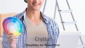  Presentation with home renovation - Audience pleasing presentation theme consisting of young-painter-contractor-choosing-colors backdrop and a light blue colored foreground