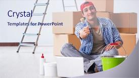  Presentation with home renovation - PPT layouts enhanced with young painter contractor choosing colors background and a sky blue colored foreground