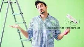  Presentation with renovation - Slide deck with young painter doing renovation at home background and a soft green colored foreground