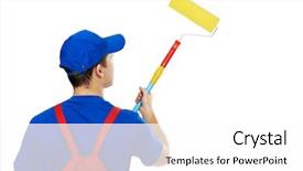  Presentation with paint industry - Presentation design with young painter man in uniform background and a  colored foreground