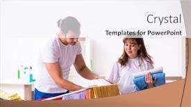  Presentation with ironing - Slides having young-pair-doing-clothing-ironing background and a sky blue colored foreground