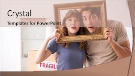  Presentation with moving news casting - PPT theme with young pair moving to new background and a coral colored foreground