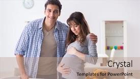  Presentation with expecting parents - PPT theme featuring young parents expecting their first background and a  colored foreground