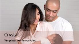  Presentation with family holding hands - PPT theme with young parents holding on hand background and a coral colored foreground