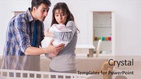  Presentation with new parents baby and dr - Presentation enhanced with young parents with their newborn background and a coral colored foreground