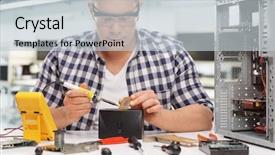  Presentation with computer workshop - Amazing PPT layouts having young pc technician working with soldering iron on a computer chip in a workshop backdrop and a lemonade colored foreground